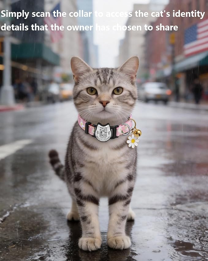 Cute Floral Breakaway Cat Collar with QR Code ID Tag, Soft Cotton Adjustable Kitten Collar with Bell, Personalized Scan ID for Cats, Daisy Pattern,Flower Pendant (Pink)