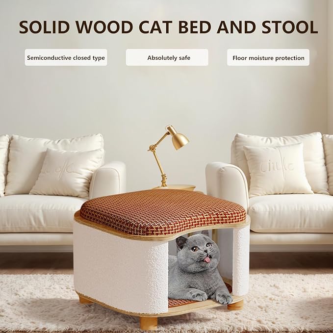Cat Bed for Indoor Cats – Wooden Cat House with Scratching Pad, Multi-Functional Cat Furniture & Hideaway Stool, Durable Wooden Cat Cabinet Cottage for Kittens
