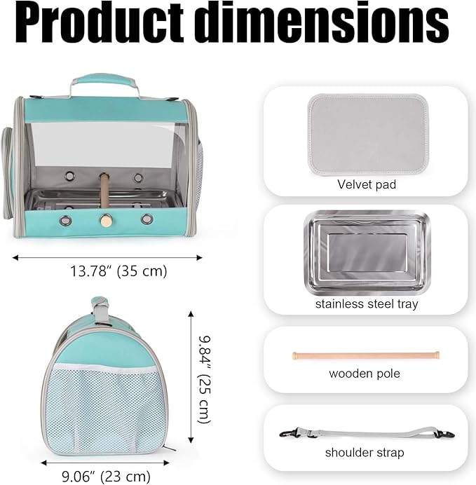 Long Tail Portable Bird Travel Carrier Cage with Metal Tray Soft Mat and Wooden Standing Perch, Hands Free Lightweight Clear 2 Windows Carry Bag for Parakeet Budgies Cockatiel Transport to Vet