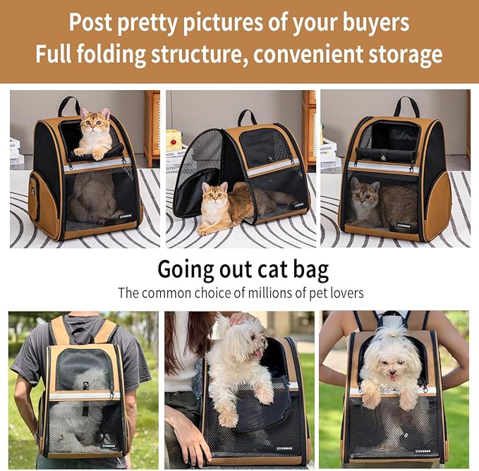 Cat Backpack Carrier for Small Dogs and Medium cat Puppy Kitten Bunny Pet Carrier Backpack Collapsible with Fully Ventilated Mesh with Safety Leash (Brown, 12.9" L x 10.62" W x 15.5" H - M)