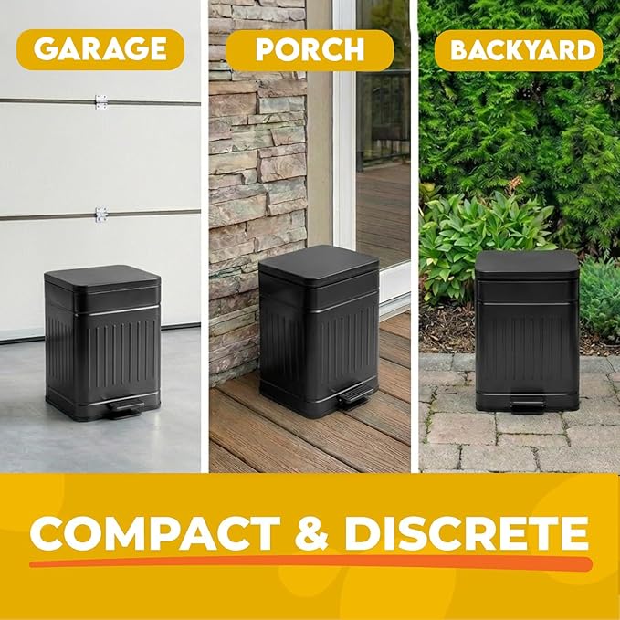 Small Dog Poop Trash Can Outside, 1.3 Gal Stainless Steel Dog Waste Trash Can, Waterproof Small Poop Bucket Outdoor with Lid, Poop Pail for Dogs, Dog Poop Bin Outdoor with Odor Control (Black)