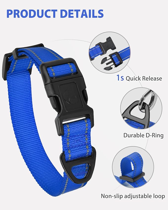 Joytale Reflective Dog Collar, Adjustable Nylon Pet Collar with Quick-Release Buckle for Medium Dogs, Navy Blue, M