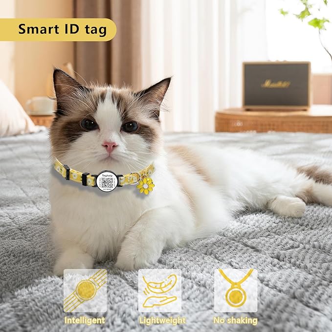 QR Code Breakaway Cat Collar 2-Pack, Safety Collar with Online Pet ID Profile, Flower Bell Collars for Lost Cat Prevention,Ideal for Girl Cats Boy Cats(Yellow&Green)