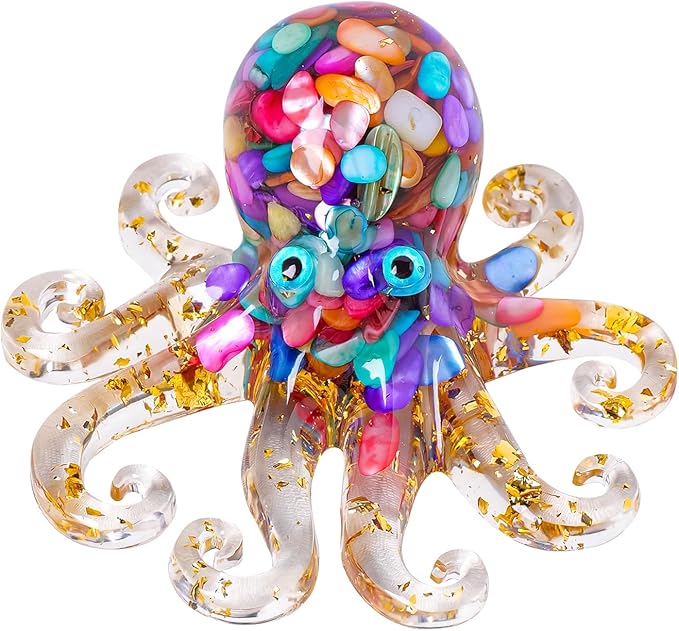 Octopus Decor Aquarium Decorative Resin Glass with Natural Crystal Stone Marine Animals Fish Tank Ornaments Statue Healing Home Decor Ladies Gift 3.93"