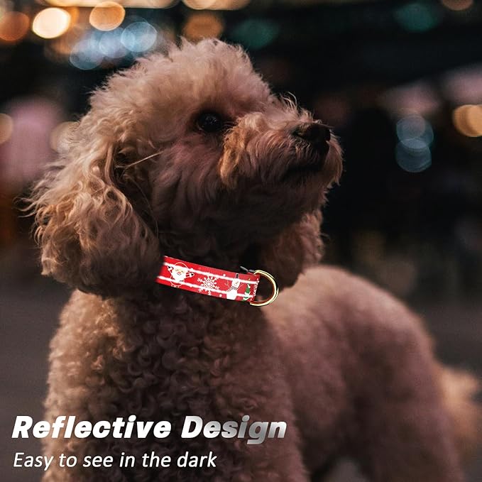 Reflective Dog Collar - Cute Christmas Style for Small Dogs, Soft Nylon Puppy Collar with Adjustable Size and Quick Release Buckle - Red XS