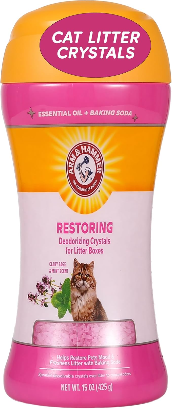 Arm & Hammer Restoring Cat Litter Box Deodorizing Crystals, Litter Deodorizer Additive to Help Absorb Odors and Restore Freshness Between Changes, Clary Sage & Mint Scent, 15 Oz