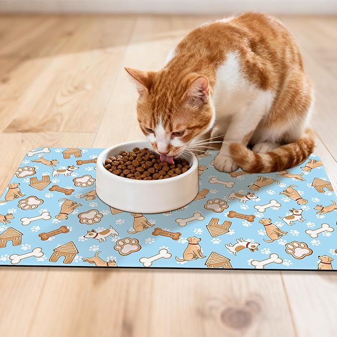 Dog Food Mat for Pet Cat Food Mat, Blue Absorbent Quick Dry Dog Bowl Mats for Food and Water, Non-Slip Cat Pet Feeding Mats for Floor Placemats 12"x20"