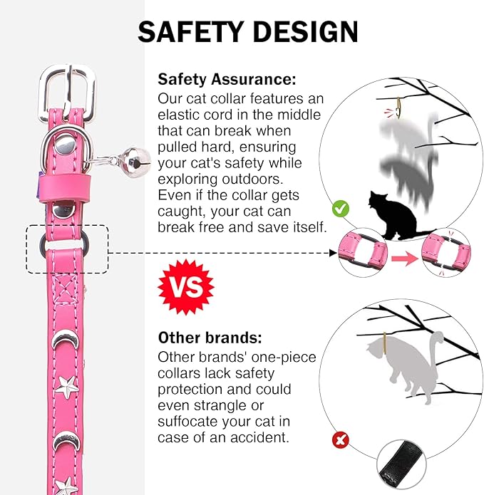Leather Cat Collars for Boy Girl Cats with Bell and Safety Elastic Belt, Personalized Star and Moon Stud Adjustable Safe Buckle Collar for Kitty Small Big Cats Size 8-12 Inch, Rose