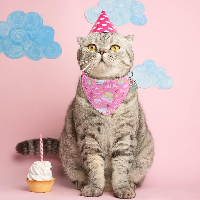 SCENEREAL Cat Bandana Collar for Birthday - 2 Pack Breakaway Kitten Collars With Bell Bowtie, Accessories for Pets, Adjustable Cute for Cats and Small Dogs Boys Girls, (Pink)