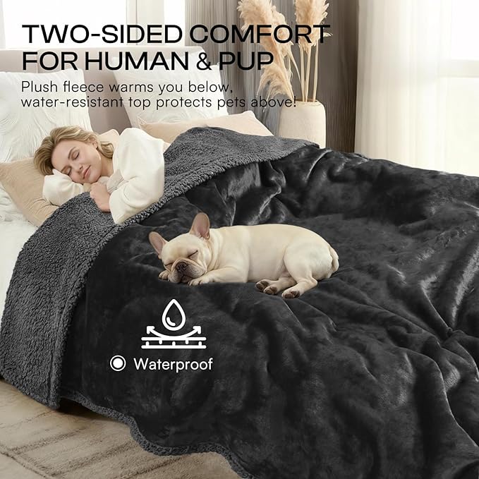 Luciphia Waterproof Pet Blanket, Liquid Pee Proof Dog Blanket for Sofa Bed Couch, Reversible Sherpa Fleece Furniture Protector Cover for Small Medium Large Dogs Cats, Black X-Large（85" x 57"）