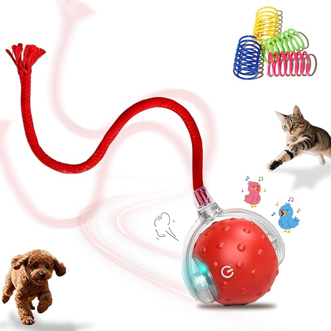 Interactive Cat Toys Ball for Indoor Cats＆Dog,Automatic Cat Toy with Smart Obstacle Avoidance,Bird Chirps & Auto Wake-Up,Includes 4 Cat Spiral Spring,Cat Enrichment Toys for Indoor Cats(Red)