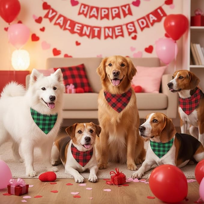 Weewooday 50 Pcs Valentine's & St. Patrick's Day Dog Bandanas Bulk Red & Green Plaid Bandanas for Dogs Soft Triangle Bibs Adjustable Scarf for Small Medium Large Pets(25.6 x 17.7 x 17.7 Inch)