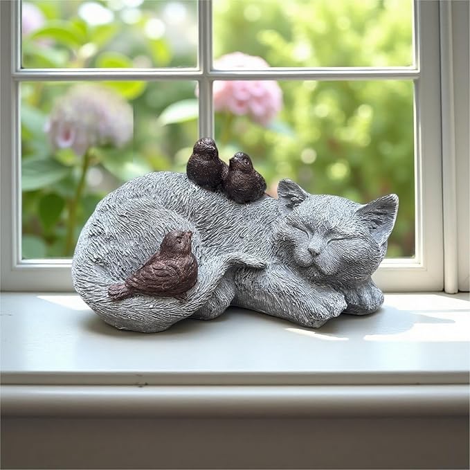 Cat Statue Outdoor Garden Decor - 11.4" Sparrows on Cat Figurine Memorial Grave Markers Garden Resin Sculpture for Outdoor Decoration, Pet Statues Gifts for Loss of Tabby Sympathy 11.4" x 7.1" x 4.6"