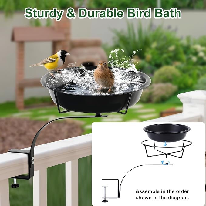 10.6-Inch Bowl Deck Mounted Bird Bath for Outside, Metal Birdbaths for Outdoors, Outdoor Bird Bath with Adjustable Clamp for Railing Balcony Fence, Bird Feeders for Outdoors Garden Decor