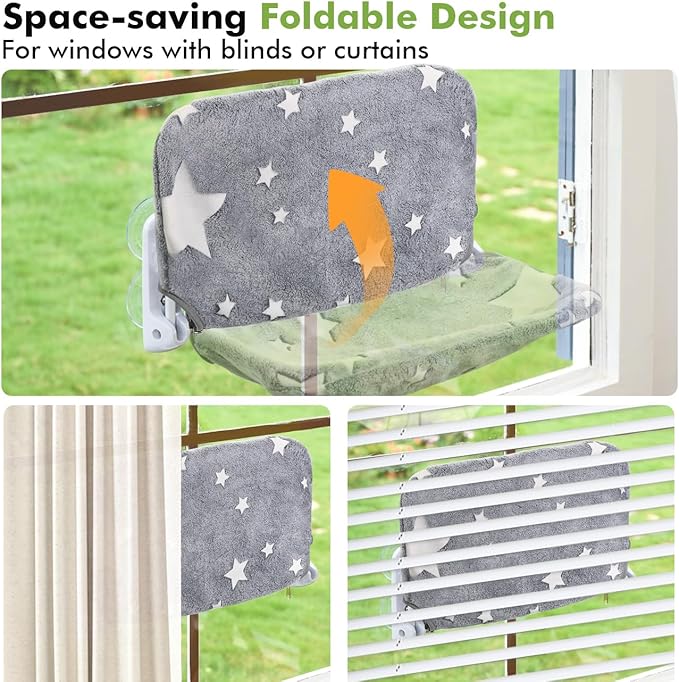 Cat Window Perch, Glow in The Dark Cordless Foldable Pet Hammock Bed for Window with Sturdy Metal Frame, Glowing Stars Pattern Resting Seat for Indoor Cats (Stars - M)
