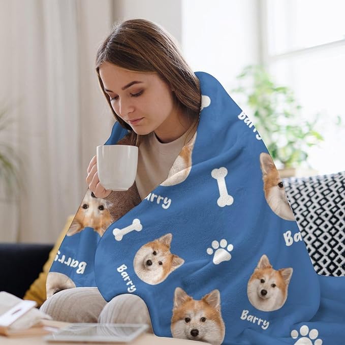 Personalized Paw Print Dog Blanket with Pet Name Face-Custom Puppy Blankets with Picture for Dogs-Customized Dog Memorial Throw Fleece Blanket-Loss of Pets Supplies Sympathy Gift for Bed Sofa Travel