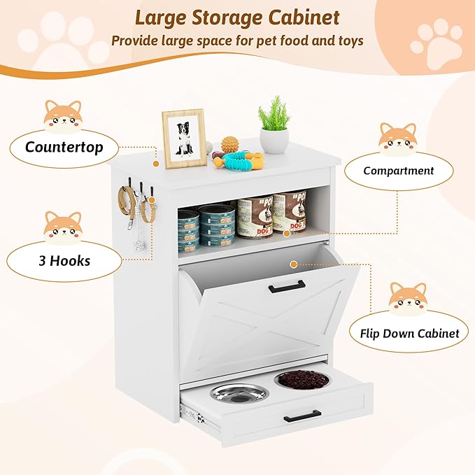 Modern Dog Food Storage Cabinet with 2 Elevated Doggy Bowls, Pet Feeding Station with Organizer, Tilt Out Pet Food Cabinet Furniture, White