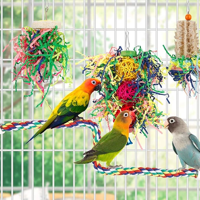 Foraging Bird Toys - Shredding Parakeet Toys with Rope Perch for Conure, Cockatiel, Budgies, Lovebird, Parrotlet