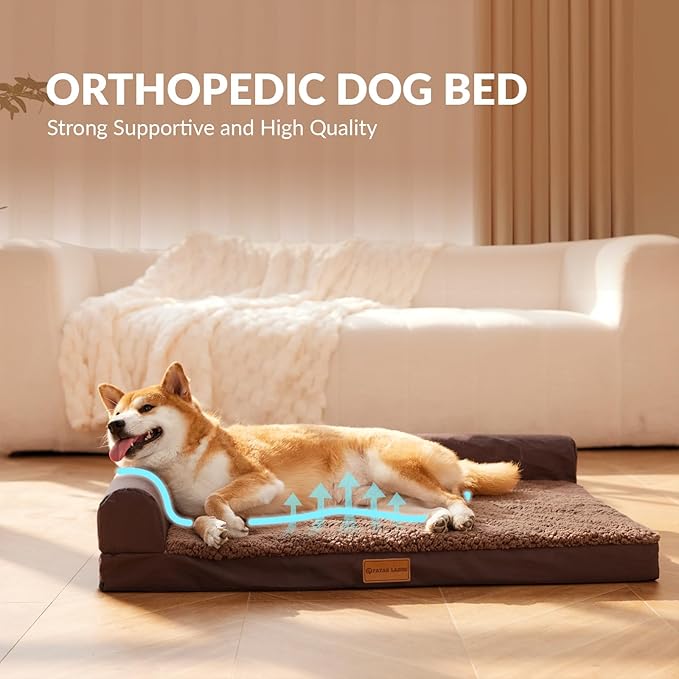 Patas Lague Orthopedic Jumbo Dog Bed for Extra Large Dogs 56''X40'', Waterproof L Bolster Pet Sofa Beds with Removable Washable Cover, Soft Comfortable Pet Couch Crate Mat with Nonskid Bottom, Brown