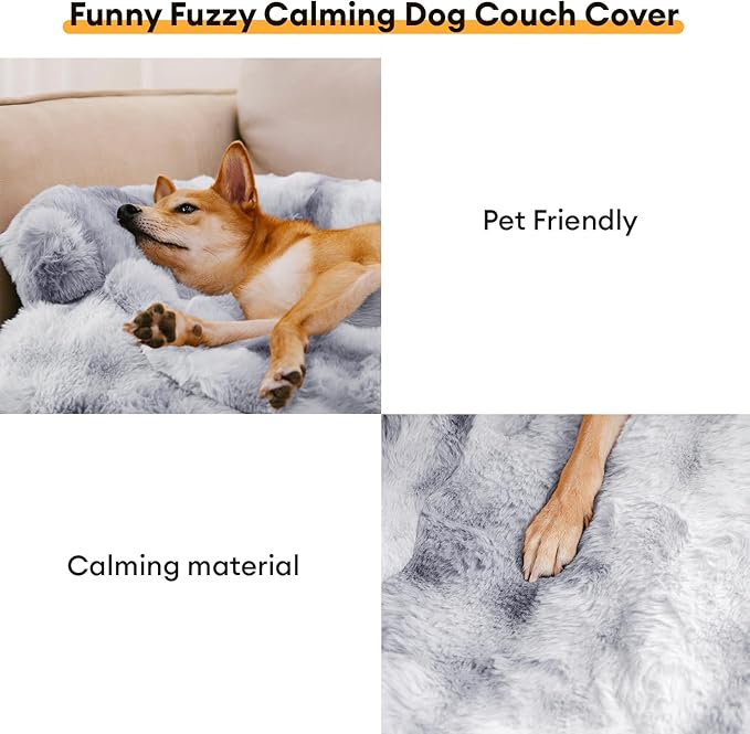 FUNNY FUZZY Pet Fluffy Fuzzy Couch Cover, Calming Washable Dog Bed Sofa Protector Pets Mat for Small Medium Dogs and Cats (Tie-dye Grey, 31.5"×25.5"×4.7")
