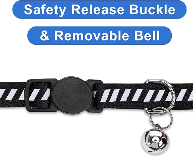 Pawtitas Personalized Black Reflective Cat Collar – Adjustable Custom Collar with Safety Buckle, Removable Bell, and Engraved Name & Phone Number for Kittens and Adult Cats