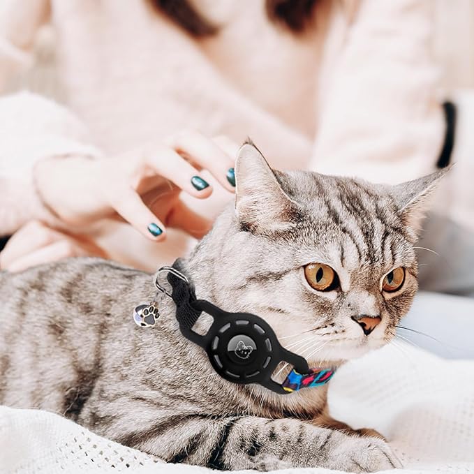 BINGPET AirTag Cat Collar with Bells, Upgraded Safety Elastic Cat Collar with Airtag Cat Collar Holder, Anti-Lost Cat Collars for Cats, Anti-Suffocation Kitty Puppy Collars