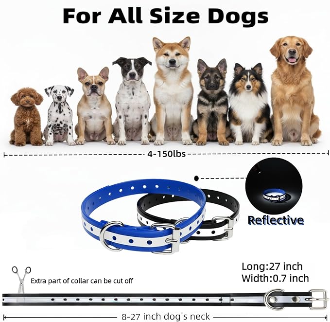 Shock Collar Replacement Strap for Most Training Collar, 3/4 Inch Dog Collar Replacement for Wireless Fence and Bark, Waterproof Adjustable Reflective TPU E Collar Strap for Small Medium Large Dogs 2P