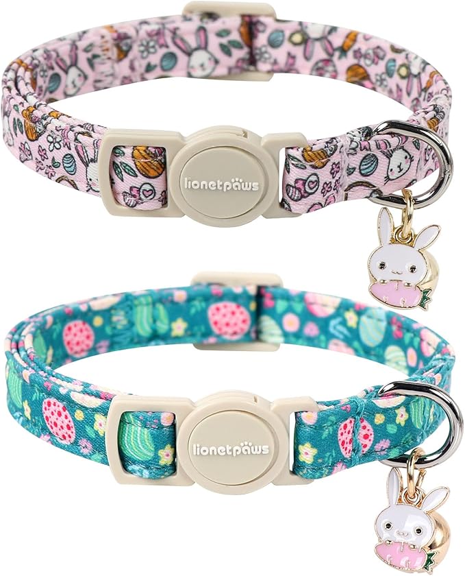 Lionet Paws 2pcs Pack Easter Cotton Cat Collar,Breakaway Buckle with Rabbit and Floral Eggs Cute Adjustable Green Cat Kitten Collar,Ideal for Girl Cats Boy Cats