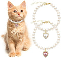 2pcs Cute Girl Cat Collar, Fancy Dog Pearl Necklace Collars Adjustable Pearl Dog Cats Collars with Small Heart Shape Rhinestone for Small Dogs and Cats, Pink Heart + White Heart