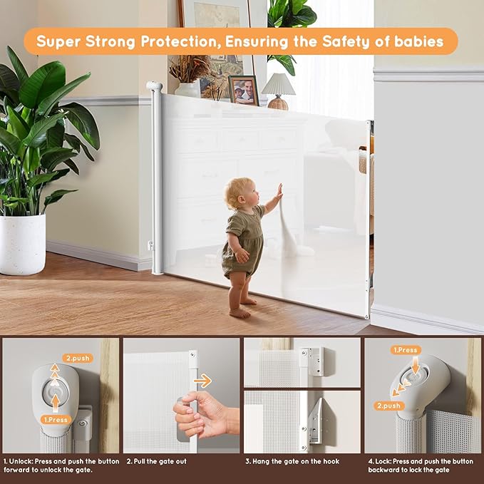 Retractable Baby Gate for Stairs, 71" Wide Mesh Pet Gate, Automatic Tension, One-Hand Operation, 38" Tall Baby Gates for Doorways, Hallways, Deck, Indoor Outdoor, Safe, Easy to Fit, White