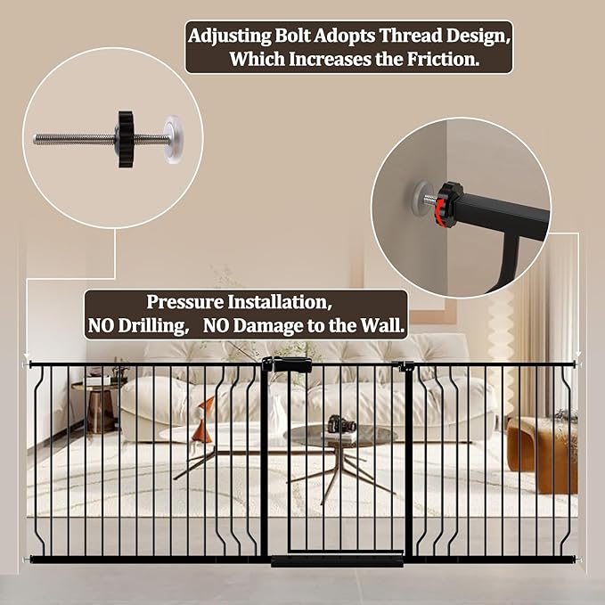 WAOWAO Baby Gate 100-109.42" Extra Wide Pressure Mounted Walk Through Swing Auto Close Safety Black Metal Toddler Kids Child Dog Pet Puppy for Stairs,Doorways,Kitchen
