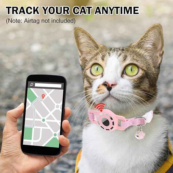Airtag Cat Collar Breakaway, Stretchy Cat Tracker Collar with Apple Air Tag Holder for Boy Girl Cats, Elastic GPS Tracking Collars for Kittens and Puppies, Adjustable 9"-12" Pink