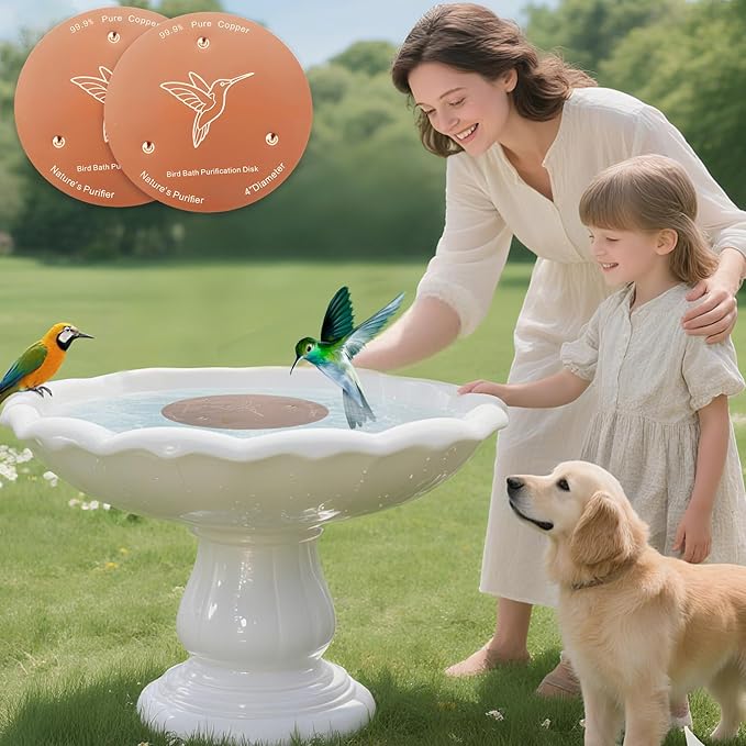 2 Pack Bird Bath Copper Discs, 99.9% Pure Copper Cleaner with Triple-Point Support, Reinforced Design for Safe Clean Water, Universal Fit for Outdoor Birdbaths and Bowls, All-Season Use