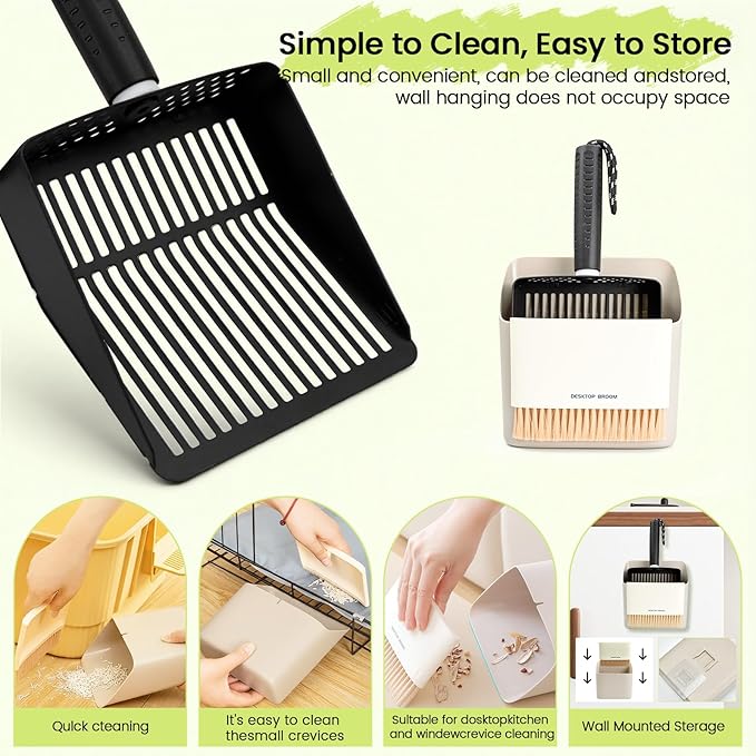 Metal Cat Litter Scooper with Holder, Stainless Steel Metal Litter Scoop Includes Portable Small Broom and Dustpan Set, Speed Sifter Cat Litter Scoop Captures All Clumps, Non-Slip Handle, Easy Clean