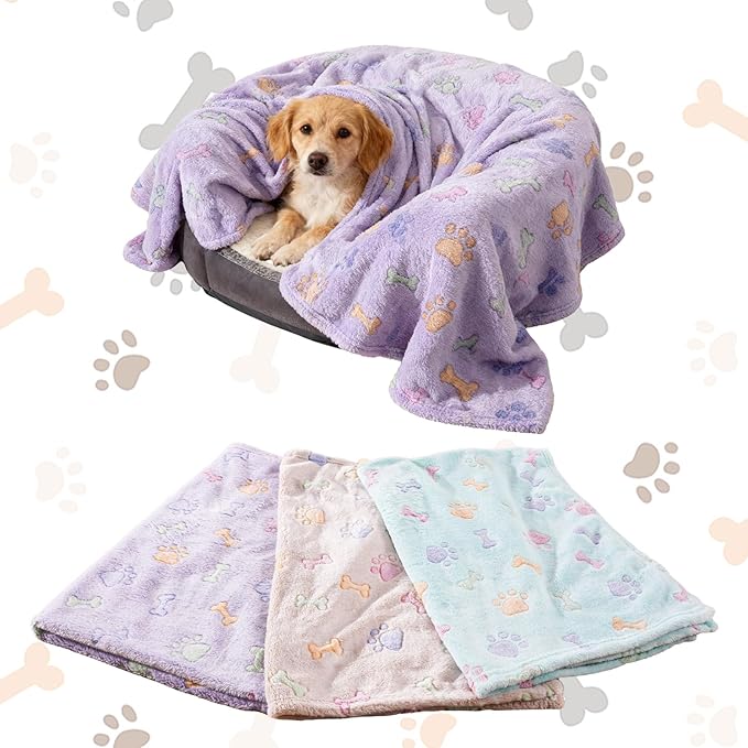 Rezutan Dog Blankets Throw 3 Pack for Large Medium Pet Cat Soft Fuzzy Blankets Washable,Reversible Paw Print for Dog Kennels-Beds, Sofas, Furniture Protection,41 x 31 inch, Purple/Green/Brown