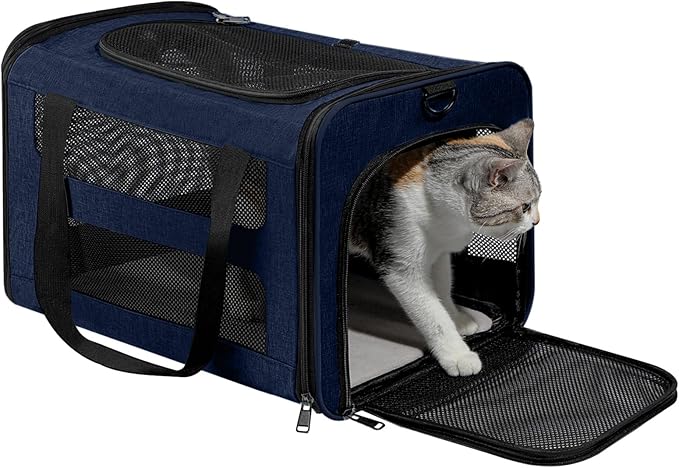 Cat Carrier Soft-Sided Travel Bag for Medium to Large Cats Over 15lbs, Small Dog Carrier Crate Top Entry Breathable Mesh Puppy 12 Pounds, Pet Rabbit Carrying Cage Kennel Collapsible Navy