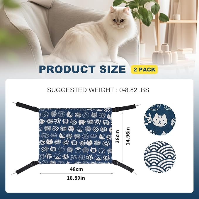 2 Pieces Cat Hammock for Cage Hanging Reversible, Soft Pet Cage Hammock with Adjustable Straps, Double Hammock Suitable for Cats, Puppy, Ferrets, and Small Animals (M, CAT) ﻿