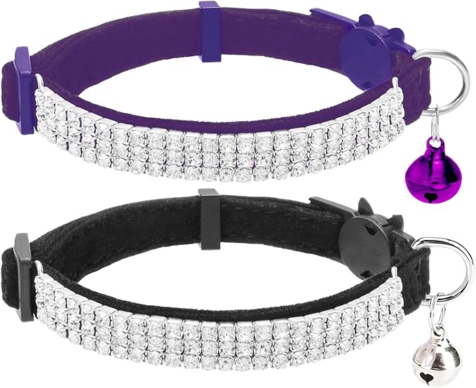 EXPAWLORER Soft Velvet Safe Cat Collars for Girl Cats - Rhinestones Bling Diamante Adjustable Collars Breakaway- Chirstmas Cat Clollar Gifts with Bells for Boy Cats Kitty and Small Dogs
