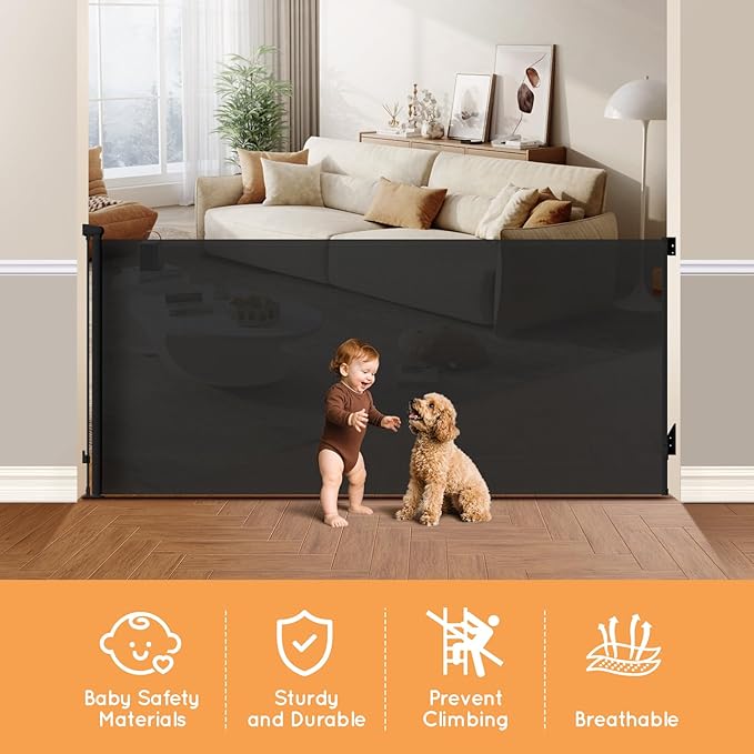 Retractable Baby Gate for Stairs, 55" Wide Mesh Pet Gate, Automatic Tension, One-Hand Operation, 38" Tall Baby Gates for Doorways, Hallways, Deck, Indoor Outdoor, Safe, Easy to Fit, Black