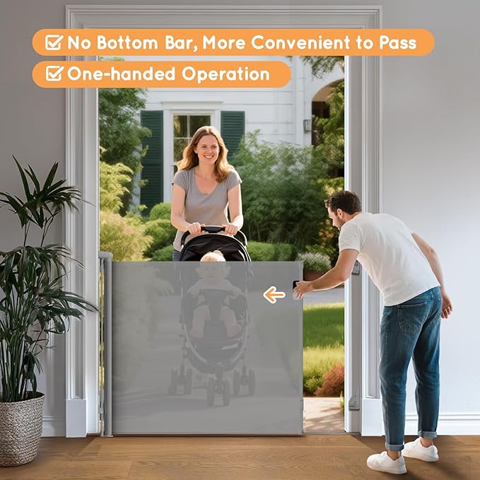 Retractable Baby Gate for Stairs, 71" Wide Mesh Pet Gate, Automatic Tension, One-Hand Operation, 38" Tall Baby Gates for Doorways, Hallways, Deck, Indoor Outdoor, Safe, Easy to Fit, Gray