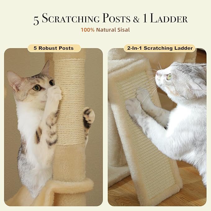 Floor to Ceiling Cat Tree Height (85-112 Inches) Adjustable, Tall Cat Tower 7 Tiers Activity Climbing Tower, Large Cat Tree with Cozy Hammocks, 5 Platforms and Scratching Posts for Indoor Cats-Beige