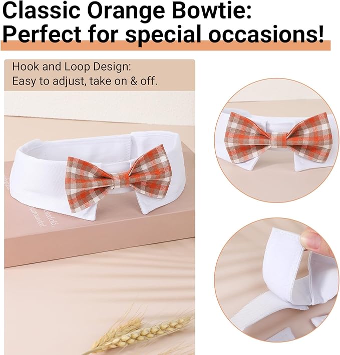 Segarty Dog Bow Tie, Adjustable Orange Plaid Bowtie Collar for Neck Girth 12.6-15.7in, Large Dog Tie Tuxedo Comfortable Cotton Boy Pets Grooming Accessories for Formal Wedding Holiday Birthday Party