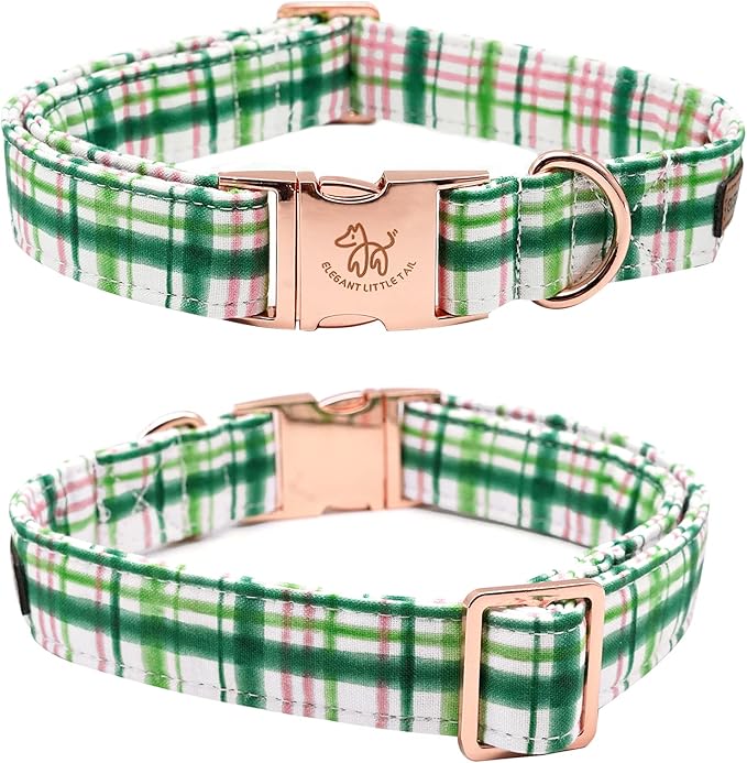 Elegant Little Tail Dog Collar with Pink & Green Plaid Bow - Cute Bowtie, Adjustable X-Small Puppy & Cat Collar