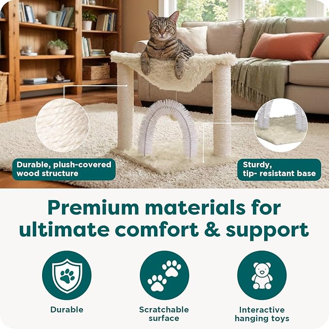 FurHaven 17.3" Tall Cat Scratching Post Tower for Indoor Cats, Sisal Cat Tree, Tiger Tough Hammock Interactive Playground, Toys & Perches for Cats, Sisal, Cream