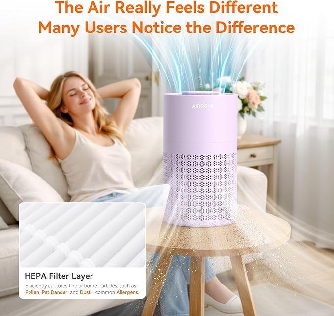 AIRROMI Air Purifier for Bedroom with HEPA 3-in-1 Filter, Pet Air Purifier for Home Cat Pee Smell, Covers Upto 990 Ft², Quiet 360°intake Air Cleaner for Pet Hair,Allergies,Pollen,Smoke A2001 Purple