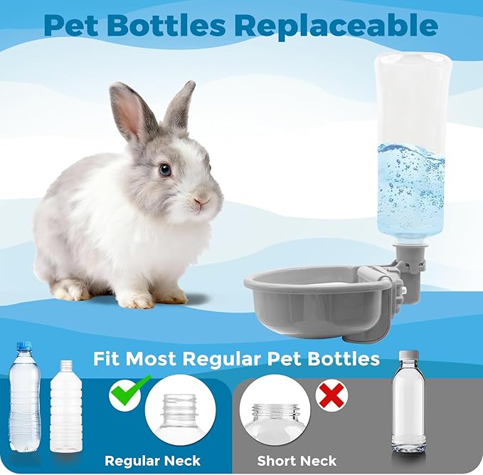 VANNON 23oz Pet Water Bottle, Gravity Dog Water Bowl Dispenser for Cage, Anti-Overflow Water Dispenser for Small Dogs, Cats, Rabbits and Other Small Animals, BPA Free, Grey