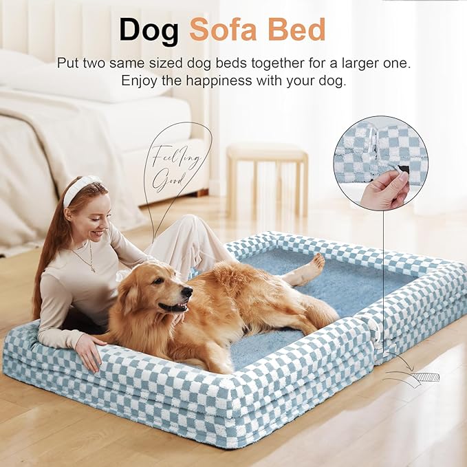 Large Dog Bed Orthopedic Washable: Beds Bolster XL Bed Big XLarge Dogs Egg Crate Foam Couch Sofa Waterproof with Removable Cover - Blue Grid