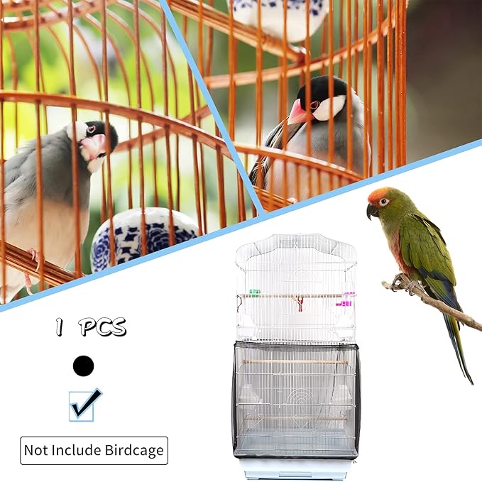 Daoeny Universal Bird Cage Cover, Adjustable Parrot Nylon Airy Soft Mesh Net, Seed Feather Catcher, Birdcage Cover Skirt Sheer Guard for Parakeet Macaw Round Square Cages (Black)