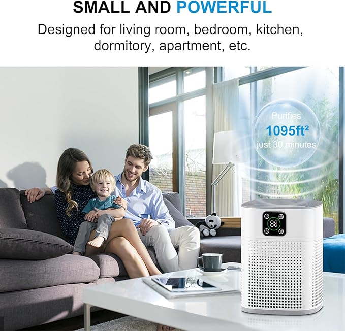 Air Purifiers for Bedroom, Honeyuan H13 HEPA Air Purifier for Home Large Room 1095 sqft, Air purifiers with 360°Air Intake, 3 Fan Speeds, 3-Stage Filtration, White