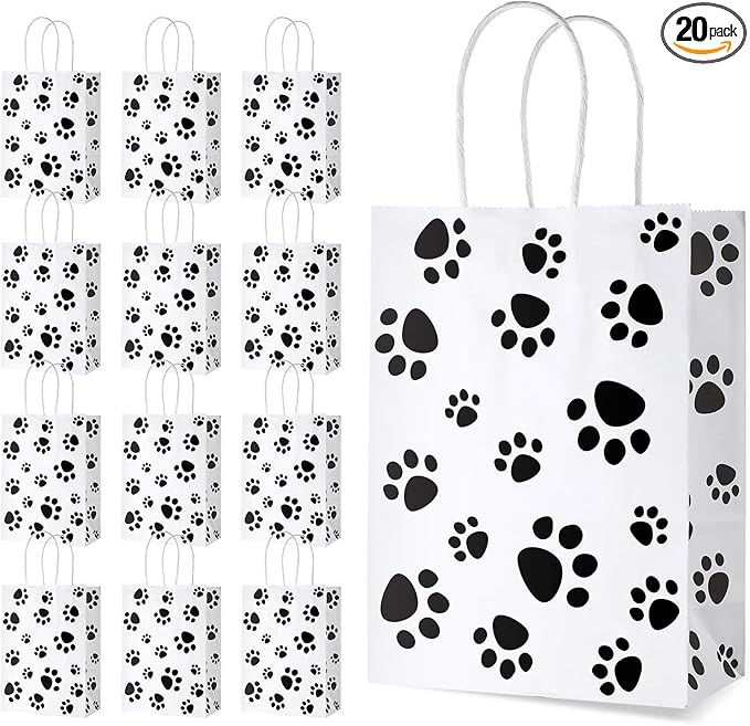 Blulu 20 Pcs Puppy Dog Paw Gift Bags with Paper Twist Handles, Dog Gift Paper Paw Treat Goodie Bags for PET Treat Party Favor, 6.3 x 3.1 x 8.6 Inch(White Backing)